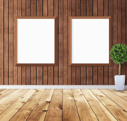 Two white posters with wooden frame on wall. Mock up for you design preview. Good use for advertasing materials.