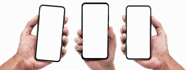 Obraz na płótnie Canvas Hand holding, New version of black slim smartphone similar to iphone x with blank white screen from Apple generation 10 , Front mockup model similar to iPhonex , Background of digital economy.