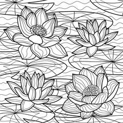 Coloring antistress page for adults and children. Lotuses in water with water lilies.
