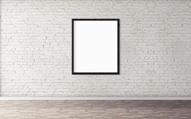 White blank poster with black frame on wall. Empty mock-up for you design preview. Good use for presentation.