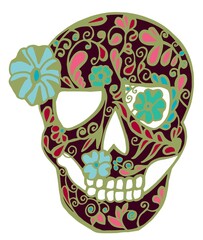 Skull with national patterns and colored flowers. - 375426556