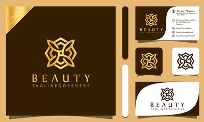 Gold lotus flower cosmetic luxury logo design vector illustration with line art style vintage, modern company business card template