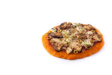 Autumn pumpkin pizza with eggplant, zucchini, olives and mozzarella cheese isolated on white background