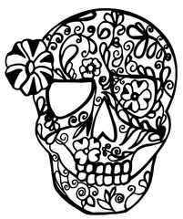 Skull with national patterns and colors black line.  - 375426757