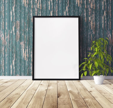 White vertical poster with black wooden frame standing on floor. Template for you design.