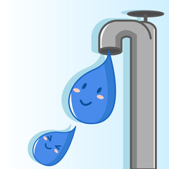 Simple vector illustration of water droplets. Cute face. Cute character. Save water. Washing hands. Take care of health. Keep clean. Healthy life. Take a bath. Drinking water. Fresh water. Clean water