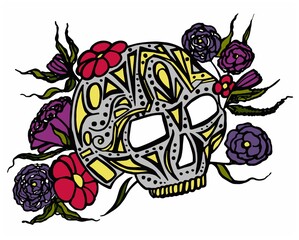 Skull with national geometric patterns and colored flowers. - 375427133