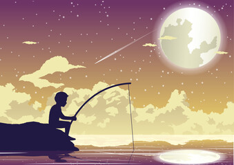 People avtivity and life scene of tha boy is sitting to fishing