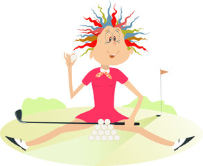 Smiling young woman recreates on the golf course illustration. Funny young woman sits on the grass in front of a pile of golf balls and holds a golf ball and golf club
