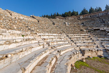 Marble seats of the small theatre, known as Odeon, in the ruins of Ephesus, Selcuk, Turkey