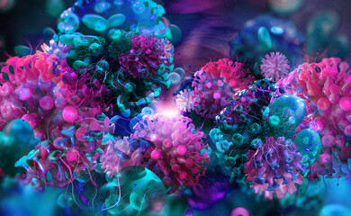 Naklejka na ściany i meble Viruses and microorganisms under a microscope. Abstract composition on a medical theme. Realistic 3D illustration