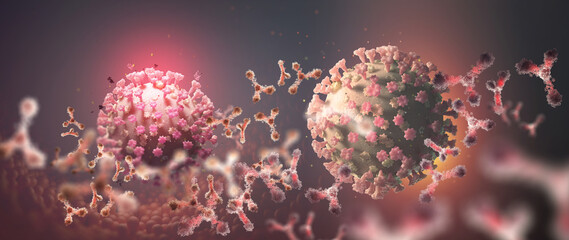 Vaccine search and antibody research. Viruses and microorganisms under a microscope. Realistic 3D illustration