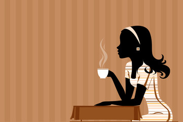 illustration of cafe, lunch, Cup of coffee in her hand, black girl drinks coffee, contrast, white Cup