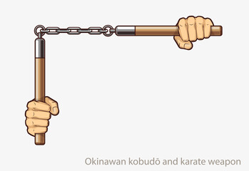 Man's hands holding nunchucks Okinawan kobudo and karate banner. Man fists nunchaku traditional Okinawan martial arts cold weapon