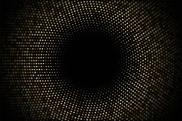 Abstract halftone circular background. Gold, grey, amber dot pattern on black background. Bright vintage wallpaper vector illustration. Shining vibrant retro glow. Modern 3d art design