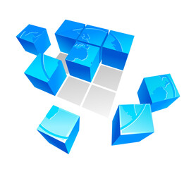 illustration of 3D puzzle of the earth map consisting of blue cubes
