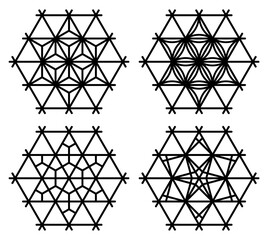 Set of four Japanese Kumiko patterns in hexagon.Black color lines.