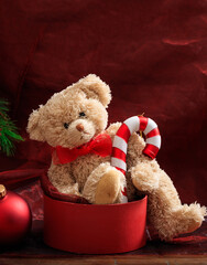 Christmas decoration, festive teddy bear and xmas ornaments