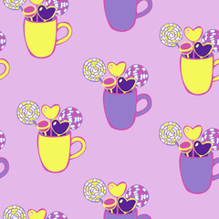 Vector seamless pattern of different candies and lollipops in mugs. Sweet shop design concept.