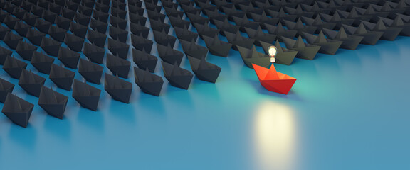 Fototapeta think outside the box,Leadership,teamwork and courage concept.Unique red isometric paper ship and many white ones on turquoise blue sea.3D Rendering. obraz