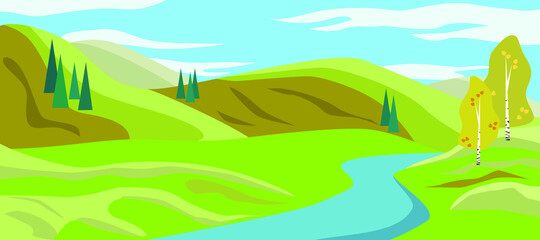 Fototapeta na wymiar Landscape with a Mountains and Trees. Nature as a background. Park elements for landscape. Hand drawn Cartoon nature. Paysage with blue sky and flower fields. Vector graphics to design