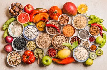 Healthy balanced diet various food choice, fruits, vegetables, legumes, cereals, spices and superfoods.