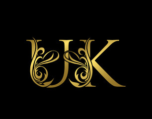 Golden U, K and UK Luxury Letter Logo Icon. Graceful royal style. Luxury gold alphabet arts logo.
