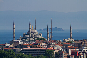 Fototapeta na wymiar Blue Mosque with sea of Marmara and islands in the background, Istanbul, Turkey.