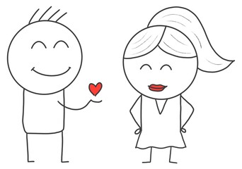 Strichmännchen Mann macht einer frau eine romantische Liebeserklärung symbolisiert mit einem roten Herz