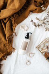 Fototapeta na wymiar Beauty, fashion lifestyle female collage with blank brand label cream bottle. Minimal flat lay, top view