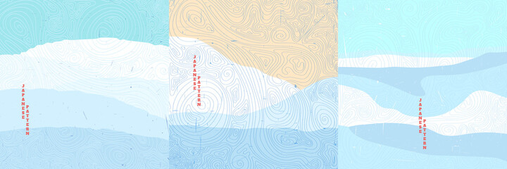 Winter. Vector illustration landscape. Japanese wave pattern. Mountain background. Asian style. Design for social media wallpaper, blog post template. Old paper with scratches. Snowy weather. Frozen