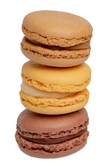 Pastries, desserts and sweets. Close-up of a yellow french vanilla macaroon, a yellow lemon macaroon and a brown chocolate macaroon isolated on a white background. Macro photograph.