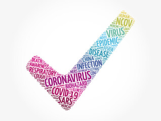 Coronavirus check mark word cloud collage, health concept background