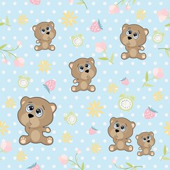 Children's seamless pattern with bears on a blue polka dot background.