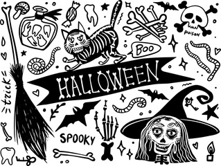 Doodle cartoon set of objects and symbols on the Halloween theme. Day of the Dead isolated on white background. Vector illustration, for cards, posters, postcard design, logo, for printed matter.