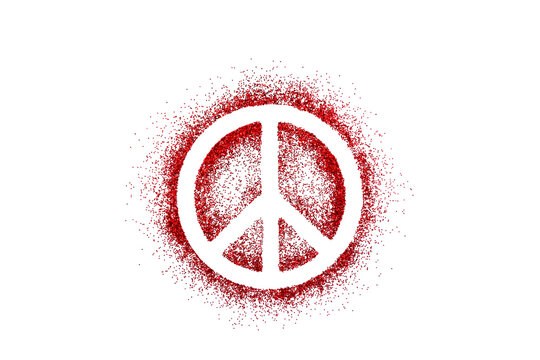 Peace symbol on red glitter isolated on white background