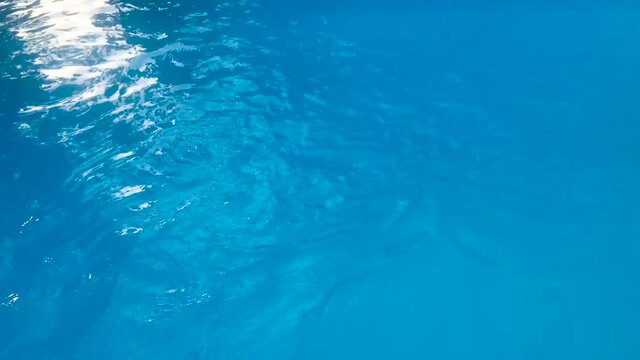 Fast azure swimming pool water purling in 4k with sun glare reflection
