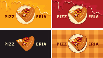 A set of business cards for a pizzeria or a pizza house. Vector illustration with a delicious slice of pizza on various backgrounds, suitable for menu cover, flyer, advertising banner