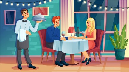 Young man waiter holding dish on tray serving table for guest at restaurant. Couple visitor having romantic dinner sitting at cafe. Modern catering interior. Professional service. Cartoon character