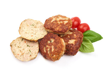 Grilled cutlets, fried meat balls, isolated on white background