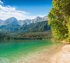 View of lake Tovel, coastline and mountains