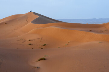 Fototapeta na wymiar Sand dunes in the Sahara / A group of people on a sand dune in the Sahara, Morocco, Africa.