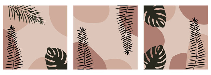 Set of 3 modern abstract backgrounds with tropical leaves. Great for cards, banners, posters.