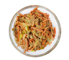 Meat salad with carrots and paprika isolated on white background top view