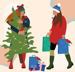 Two girls in warm winter clothes making holiday shopping.Woman carrying Christmas tree from street market in hands.Gift boxes with bow lie around.Female holding packets with presents.Stylish garment