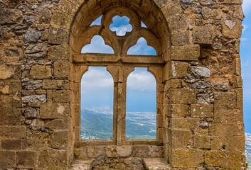 The northern coast of Cyprus viewed through the "Queens Window" of Saint Hilarion Castle, Northern Cyprus