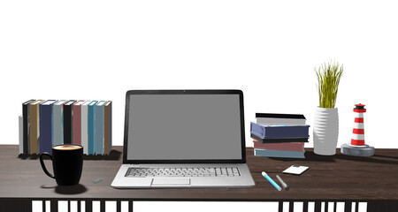 Modern office desk, 3D illustration with decorations such as trees, coffee mugs, books and chairs, phones, pens. On a white background. With cutting path. Images show every angle