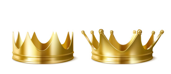 Golden crowns for king or queen, crowning headdress for Monarch. Royal gold monarchy medieval emperor coronation symbol, imperial sign isolated on white background. Realistic 3d vector illustration