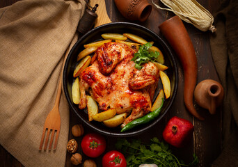 traditional georgian dish, tobacco chicken, with potatoes, on a wooden table, view from above