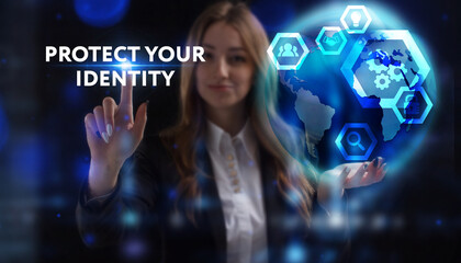 Business, Technology, Internet and network concept. Young businessman working on a virtual screen of the future and sees the inscription: Protect your identity